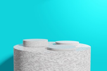 pedestal display with marble cylinders and abstract cyan background with box support concept. Podium for brand promotion products, realistic 3d digital rendering