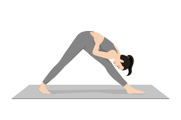 Intense Side Stretch Pose,Pyramid Pose, Single Leg Forward Bend, Parsvattanasana, Parsva Uttanasana. Beautiful girl practice Parsvottanasana. Young attractive woman practicing yoga exercise.