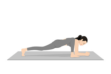 Lizard Pose, Gecko Pose. Beautiful girl practice Utthan Pristhasana. Young attractive woman practicing yoga exercise. working out, black wearing sportswear, grey pants and top, indoor full length,