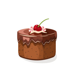 Pyszny tort czekoladowy z ciemną polewą, wisienką i cukierkami na górze. Dekoracyjne ciasto urodzinowe. Wektorowa ilustracja. Słodkie jedzenie, kolorowy pyszny deser na przyjęcie. Kartka urodzinowa.