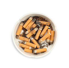 Ceramic ashtray full of cigarette stubs isolated on white, top view