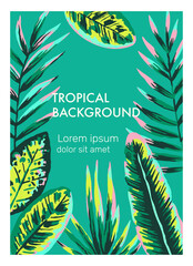 Original vector template with hand drawn neon jungle palm leaves and branches. Summer nature background.