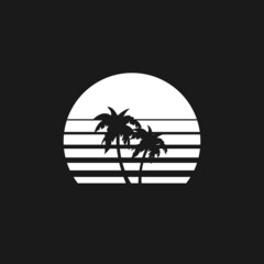 Retrowave sun, sunset or sunrise 1980s style with palm tree silhouettes. Black and white sun with stripes and palm tree silhouettes. Design element for retrowave style projects.Vector