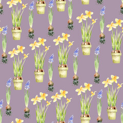 watercolor pattern with flowers, plants on a lilac background for creating textures, backgrounds