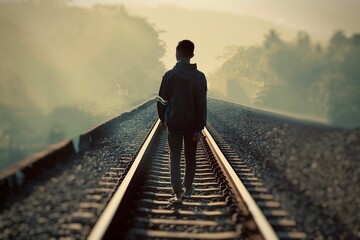 a young boy is walking alone on the train tracks in the morning