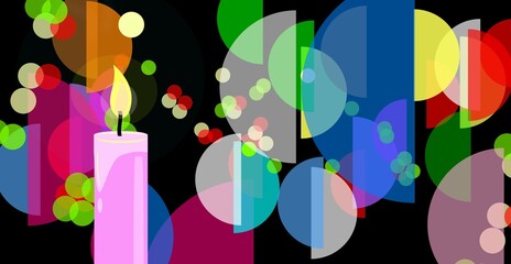 LIT CANDLE IN THE DARK. Burning flame. FANTASIA. Amiable ABSTRACT GEOMETRIC SHAPES. Multicolor figures. Cute aesthetic WALLPAPER ideas. Background design image. Creative ILLUSTRATION. Semicircles.