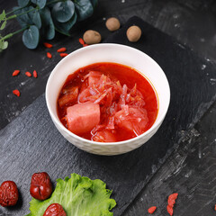 Russian red soup with cabbage foog photography