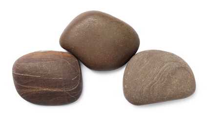 Group of different stones on white background, top view
