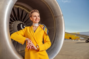 Joyful stewardess standing near airplane engine at airfield