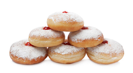 Obraz na płótnie Canvas Delicious donuts with jelly and powdered sugar on white background