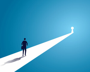 Businessman walking forward to keyhole with bright light. Business opportunity or solution concept