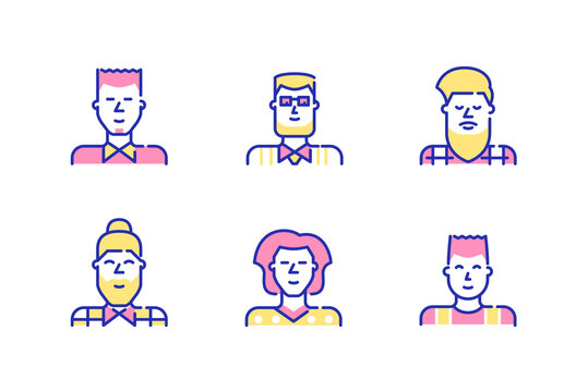 Men profile picture icons set. Young adults, hipsters, teenagers. Pixel perfect, editable stroke fun color icons
