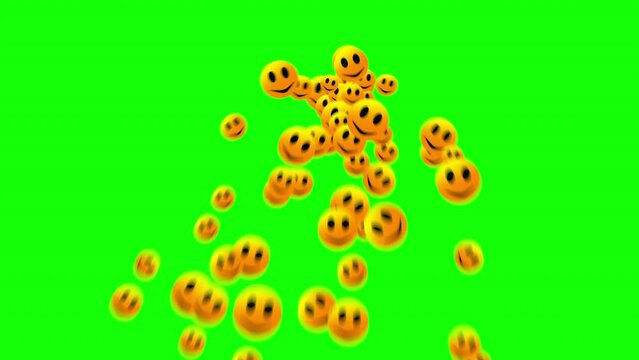 Many yellow emoji smiley icons sparkling from one spot animation, green screen