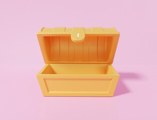 Minimal cartoon Front chest golden icon on pink background. Open treasure box coffer concept. wealth ancient concept, banner. 3d render illustration