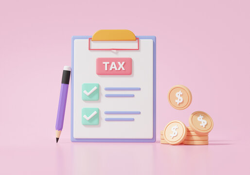 State government taxation concept. Checklist Tax payment, coins, Financial learning information business document correct mark on pink background. 3d render illustration