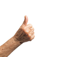 Hand of a senior woman showing thumbs up isolated on white background