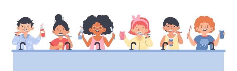 Funny kids brushing teeth behind sink, flat cartoon vector illustration isolated.