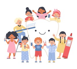 Funny boys and girls brushing tooth, cartoon flat vector illustration isolated.