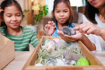 Asian mother and her daughters are playing with baby bunny and decorating easter eggs preparing for...