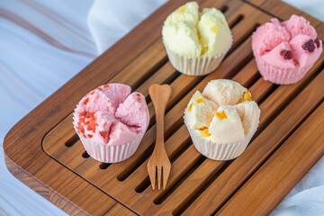 Set of Thai steam Cupcake, sweet colour with white background. Food issue. Thai desert. Selective focus.