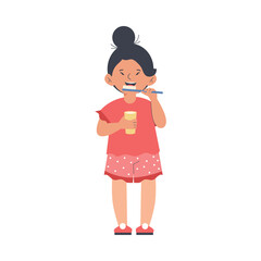 Kid girl performs daily routine dental care, flat vector illustration isolated.