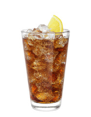 Glass of refreshing soda drink with ice cubes and lemon isolated on white