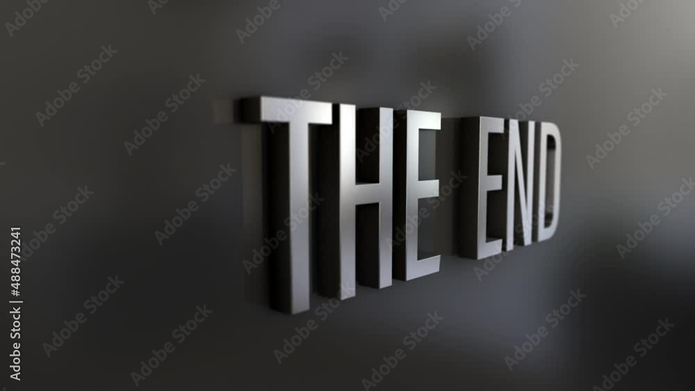 Poster 3d motion chrome text word flying of the end concept animation effect on black background.4k 3d anim