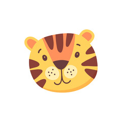 Tiger cute animal face isolated flat cartoon head. Vector funny childish mask, jungle african and southern asia animal, cute comic emoticon emoji design. Bengal siberian tiger, safari jungle mammal
