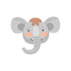 Elephant cute animal face isolated flat cartoon head. Vector funny childish mask, jungle african and southern asia animal with prehensile trunk and large ears. Cute comic emoticon emoji design