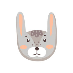 Rabbit or bunny with long ears cute animal face isolated flat cartoon head. Vector funny childish mask, gray hare childish carnival costume. Comic emoticon emoji design, fluffy Easter holiday symbol