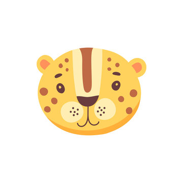 Gepard wild cat cute animal face isolated flat cartoon head. Vector funny childish mask, leopard or tiger wildcat, cheetah beast dangerous carnivore. Cute comic emoticon emoji design, spotted leopard