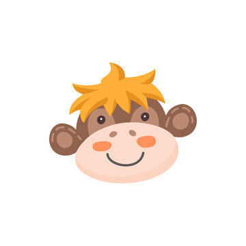 Monkey or chimpanzee funny animal face isolated flat cartoon head. Vector cute childish mask, kids ape primate baby avatar user pic. Childish pet monkey with bangs hair. Cute comic emoticon emoji