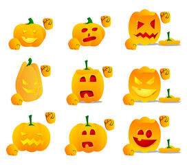 Decorative pumpkin for Halloween making power to the people fist gesture as a cartoon character with face. Vector Illustration.