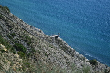 Stairs at one of the attractions of the resort city of Anapa. 800 steps. Descent to the beach on the Black Sea with viewing platforms. Rest at Russian resorts.