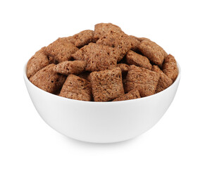 Bowl of sweet crispy corn pads on white background. Breakfast cereal