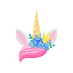 Magic unicorn head with pink hair bang, unique horn, small gold crown and blue flowers, pair of ears isolated flat cartoon icon. Vector daisies on head of cute magic horse animal, flora bouquet