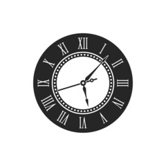 Retro clock, roman numerals watch, ornate hands isolated monochrome icon. Vector elegant hand watch design with ornament watchface. Minute and hour pointers, round hand watch dial, clockwise icon