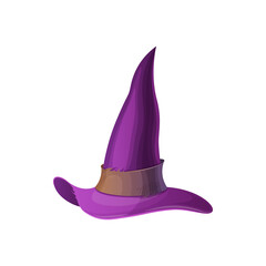 Purple witch hat isolated wizard magician symbol. Vector wizard cap of cone shape with ribbon, cartoon headdress. Halloween party masquerade accessory, pointy cap of witch, magical sorceress costume