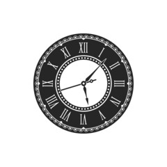 Fototapeta premium Retro clock with vintage round dial, black and white timepiece isolated monochrome icon. Vector antique wall or pocket watch, ornamental antique dial with roman numerals, mechanical ticket object