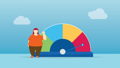 bmi body mass index with big woman and gauge scale indicator with modern flat style