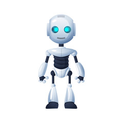 Future robot with hands and legs, full length portrait isolated robot hi-tech character. Vector giant robot mechanical sci fi futuristic kids toy. Modern robotic cyborg, humanoid robot smart helper
