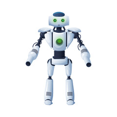 Robot future assistant helper isolated cyborg toy. Vector character from future, android mechanical electronic automation. Smart computer humanoid with flexible arms and legs, electronic cyborg toy