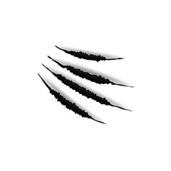 Black bloody claws animal scratch scrape track isolated monochrome icon. Vector cat tiger scratches paw shape, four nails trace funny design element. Dinosaur, monster or dog nail ripped cracks