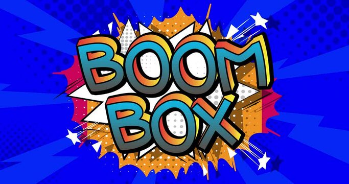 Boom box. Motion poster. 4k animated Comic book word text moving on abstract comics background. Retro pop art style.