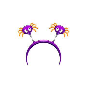 Funny cartoon spiders Halloween creepy headband isolated icon. Vector head hoop with purple funny spiders, hair band party costume element, spooky masquerade accessory. Childish decor with bugs