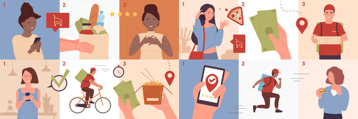 Delivery steps of online order service vector illustration set. Cartoon people shopping, buy and pay for purchases, courier delivering food box to door, logistics process infographic collection