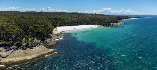 Aerial view of  the beautiful Blenheim beach in NSW, Australia, a popular white sand swimming beach