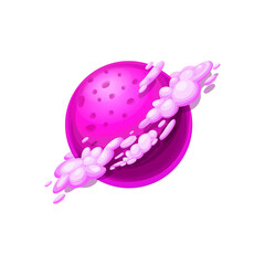 Planet of purple magma surrounded by clouds isolated far alien world cartoon icon. Vector outer space globe, atmosphere habitable planet. Tasty sphere, ui game design element, user interface object