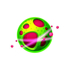 Alien life planet ill on virus, damaged fantasy space world cartoon icon. Vector colorful fantastic planet or asteroid with green surface, live core, purple lava. User interface UI GUI design element