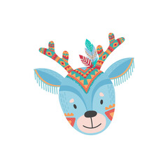 Aztec deer animal face mask with tribal ornament isolated elk with antlers. Vector horned reindeer animal head with native american indian decorations, tribal headdress, carnival party headband